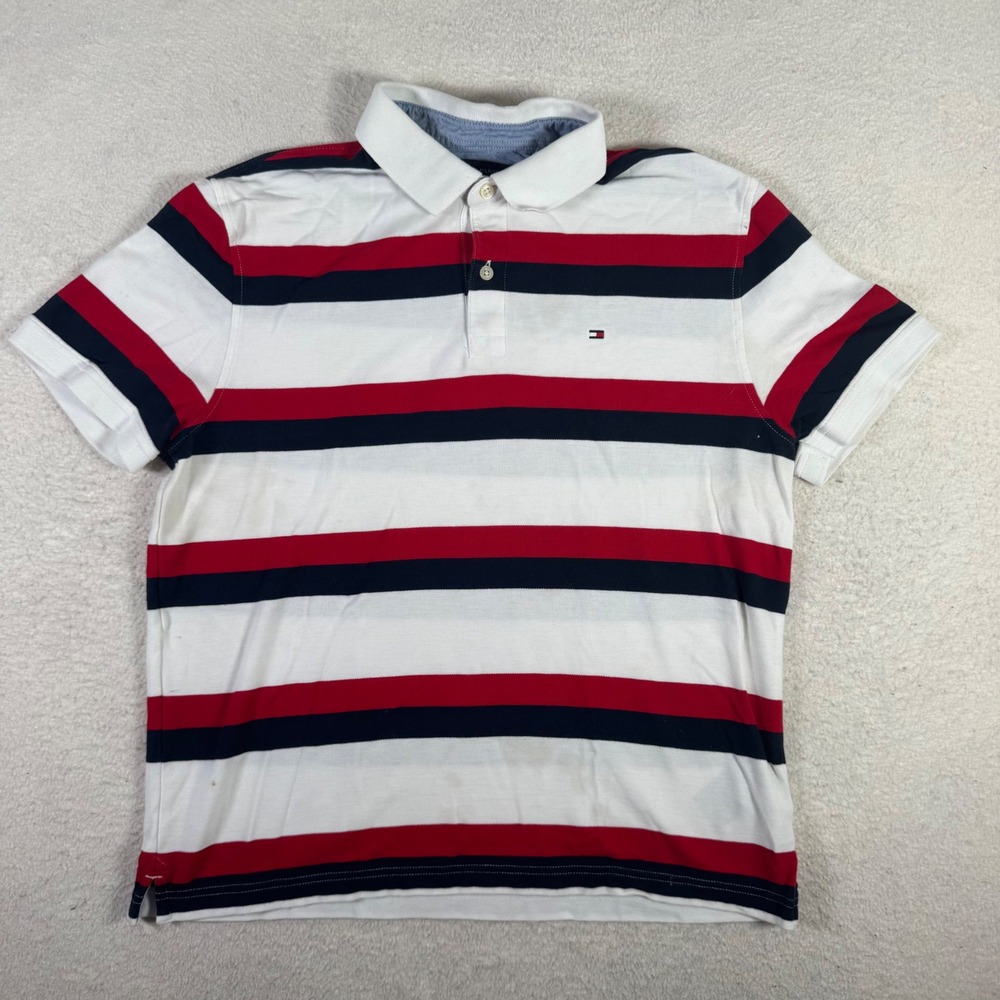 Tommy Hilfiger Polo Shirt Mens Large White Red Blue Striped Short Sleeve Good